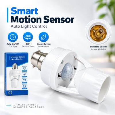 Intelligent Motion Sensor Lamp Holder – E27 Radar & Infrared Automatic Light Socket with 360° Detection, Adjustable Time-Delay & 200W Load Capacity
